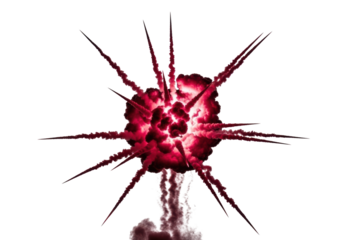 Intense crimson pyrotechnic burst, a jagged star erupting with billowing volumetric smoke against a stark white studio background, captured with dramatic high-contrast lighting, concept of raw power