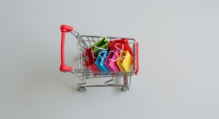 A miniature shopping cart filled with colorful shopping bags on a white surface.