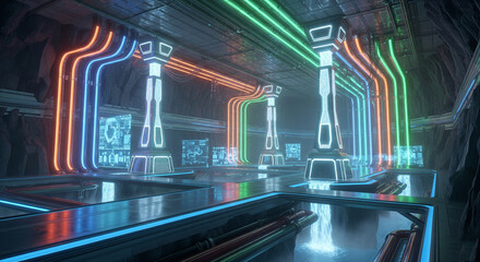 A high-tech underground cavern houses a futuristic power station with vibrant neon energy conduits and glowing data pillars.