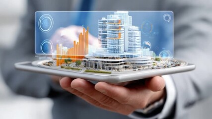 Smart Building Display: A person in a suit is using tablet and showing 3D model of modern buildings. Representing design concept of digital architectural projection - Powered by Adobe