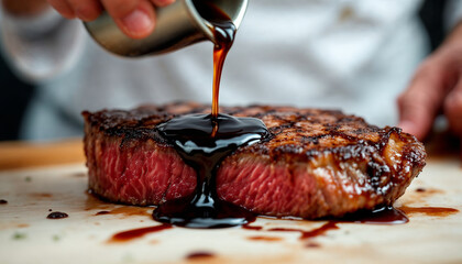 Close-Up of Chef Pouring Sauce Over Juicy Steak