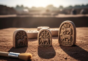 High-angle view of ancient Indus Valley terracotta seals with pictographs on reddish archaeological soil, bathed in early morning golden light, highlighting historical detail.