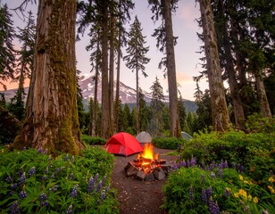 Campsite at sunset, surrounded by forest