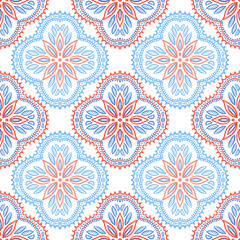 Seamless geometric pattern with ornate floral mandala design in red and blue on a transparent background. Perfect for textile design, wallpaper, wrapping paper, digital backgrounds, surface decoration