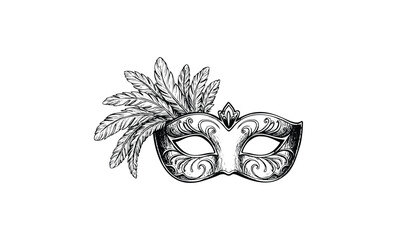 Ornate masquerade mask with intricate feather details in black and white drawing. Vector retro hand drawn illustration