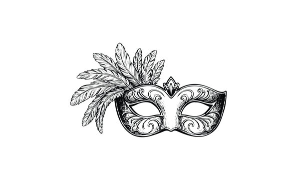 Ornate masquerade mask with intricate feather details in black and white drawing. Vector retro hand drawn illustration