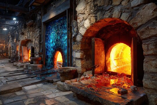 Glowing glassblowing furnaces casting light in an artisan workshop - Powered by Adobe