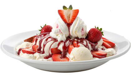 Delectable Strawberry Dessert: An appetizing dessert showcases a symphony of flavors and textures, featuring fresh strawberries, creamy ice cream, luscious whipped cream.