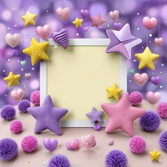 Colorful and Playful Background with Stars, Hearts, and Pom-Poms for Fun and Whimsical Designs in Purple and Pastel Shades