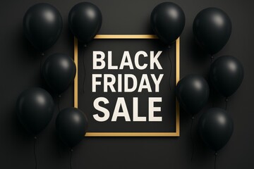 Black Friday sale display with black balloons and golden frame on dark background