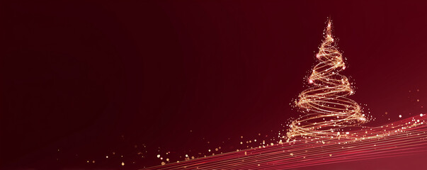 golden abstract christmas tree on red minimalist background