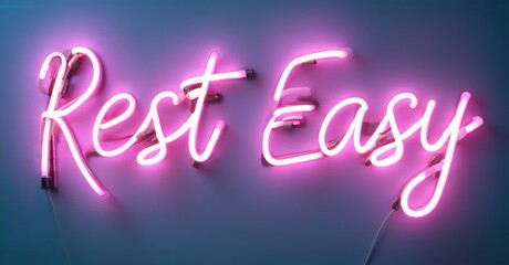 Bright pink neon sign displays Rest Easy against muted purple wall. Simple script style creates calming visual impact.