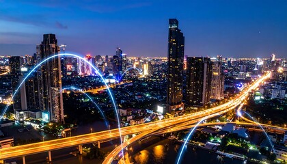 Obraz premium Cityscape at night with glowing connections