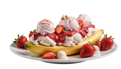 Delectable Banana Split: Indulge in a classic banana split, featuring scoops of strawberry ice cream, fresh strawberries, whipped cream, and drizzles of strawberry sauce.