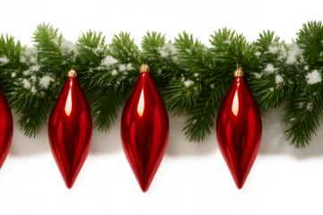 Row of shiny red teardrop christmas ornaments hanging from a snowy green fir branch isolated on transparent background