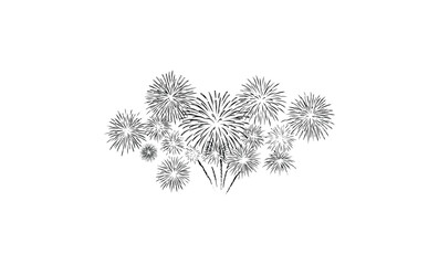 Black and white fireworks display celebration against. Vector retro hand drawn illustration