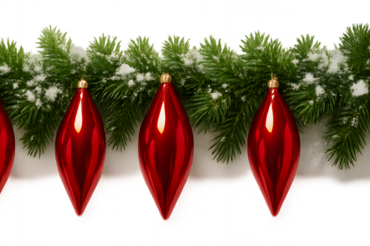 Row of shiny red teardrop christmas ornaments hanging from a snowy green fir branch isolated on transparent background