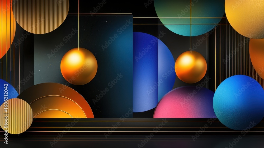 Poster abstract geometric shapes with colorful orbs and curved forms