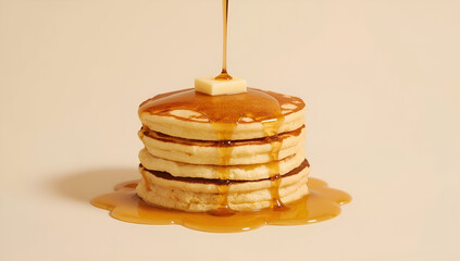 Pouring Syrup Over Pancakes with Butter on Top for Breakfast
