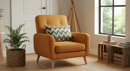 Modern Interior Design with Orange Armchair and Decorative Pillow