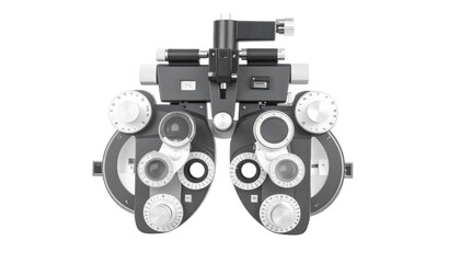 Close up of phoropter eye testing equipment used in ophthalmology and optometry clinic for eyecare, exam, vision correction, and prescription lens measurement against white background.