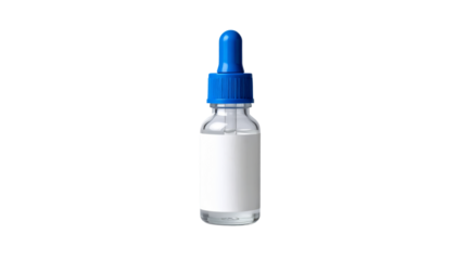 Transparent glass bottle of glaucoma eye drops with a blue dropper cap, placed on a clean white background, photographed in a minimalistic product style.