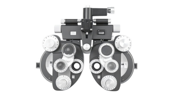 Close up of phoropter eye testing equipment used in ophthalmology and optometry clinic for eyecare, exam, vision correction, and prescription lens measurement against white background. - Powered by Adobe