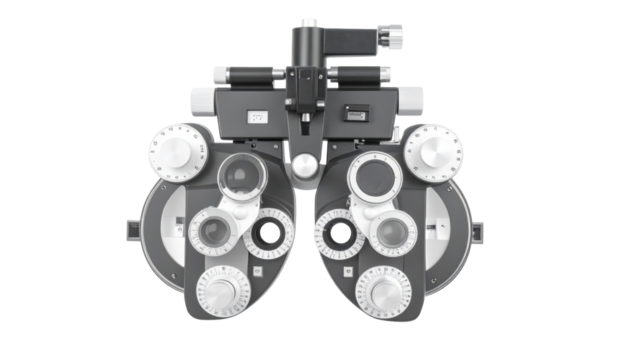 Close up of phoropter eye testing equipment used in ophthalmology and optometry clinic for eyecare, exam, vision correction, and prescription lens measurement against white background.