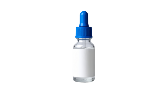 Transparent glass bottle of glaucoma eye drops with a blue dropper cap, placed on a clean white background, photographed in a minimalistic product style.