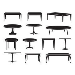 Collection of diverse furniture silhouettes dining tables coffee tables and benches for interior design vector