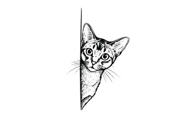 Obraz premium Curious cat peeking around corner in black and white illustration. Vector retro hand drawn illustration