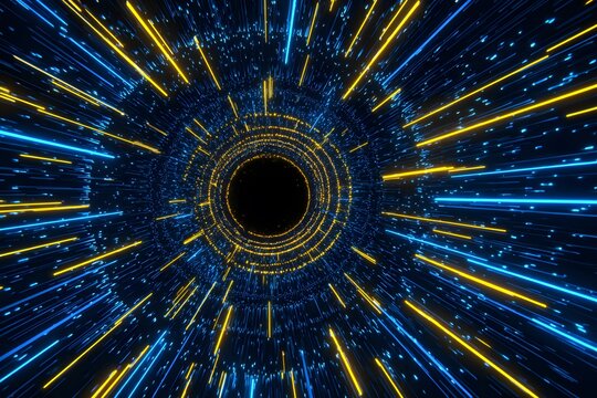 Abstract background with blue and yellow light streaks on a black backdrop, a spaceship in space jumping through a wormhole or time tunnel, a dark cosmic tunnel. - Powered by Adobe