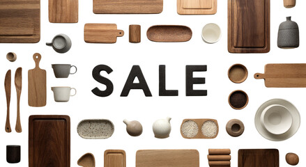 Sale Promotion Background with Kitchenware and Wooden Items on Transparent Surface