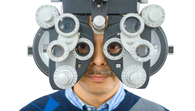 Close up of phoropter eye exam machine used in ophthalmology, optometry, and optician clinic for vision testing, eye care, and prescription lenses.