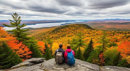 Couple hiking and enjoying autumn foliage view from mountain