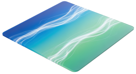 Macro shot of polished acrylic with a cerulean blue to jade green gradient and iridescent white streaks, against a bright white background, copy space. Digital serenity, modern elegance concept
