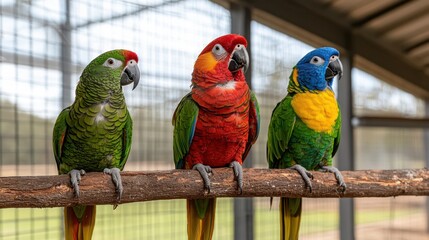 Obraz premium Three Colorful Parrots Perched on a Branch in a Serene Aviary