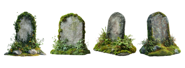Weathered Gravestones Covered with Moss in Lush Green Background