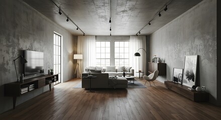 Modern Living Room Interior Design with Concrete Wall and Wooden Floor
