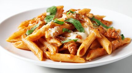 Penne Pasta with Tomato Basil Sauce Isolated on White