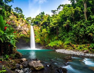 Lush waterfall cascading into a turquoise pool in a tropical rainforest