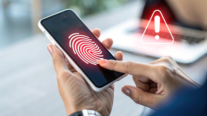Smartphone fingerprint authentication error concept, close-up of woman pressing finger on biometric sensor with red fingerprint warning icon and alert symbol, mobile security and cyber risk.