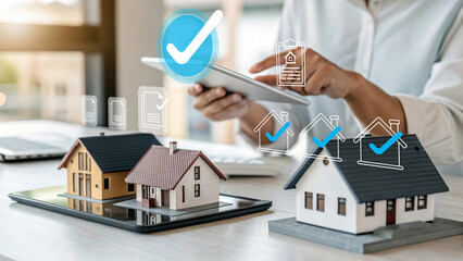Real estate property management and house selection concept, miniature houses on digital tablet with businessman using tablet computer, icons of documents, checklist, and approval for online home bu