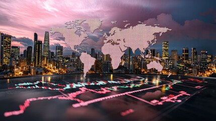 Global Financial Market Data Visualization Over City Skyline at Dusk