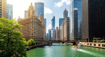 Fototapeta premium Chicago river and historic buildings on a sunny day