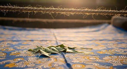 Vibrant Indigo Blue and Gold Kalamkari Fabric Drying in Morning Sun: Low-Angle Macro of Hand-Painted Raw Cotton, Showcasing Ancient Indian Textile Artistry and Sustainable Craft