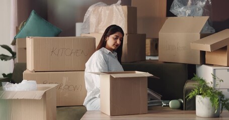 New home, packing and woman with boxes for moving to house, property and rental apartment. Homeowner, mortgage and person with cardboard package for furniture, relocation and real estate purchase