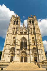 Fototapeta premium Cathedral of St. Michael and St. Gudula on Sunny Day. Brussels, Belgium