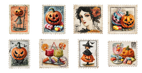 Fototapeta premium PNG Vintage Halloween postage stamps collection, element set on transparent background