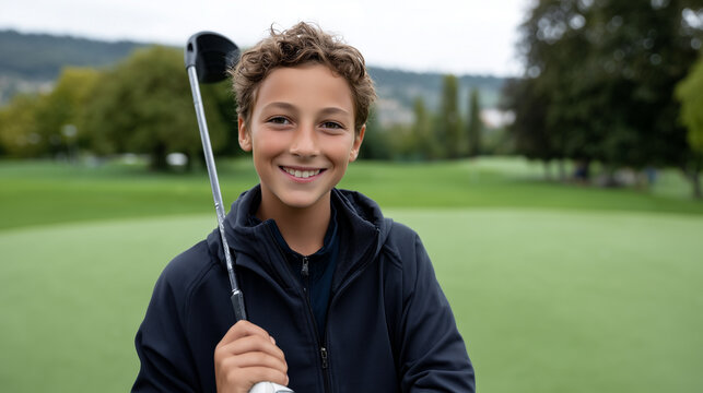 Young boy learning golf on course